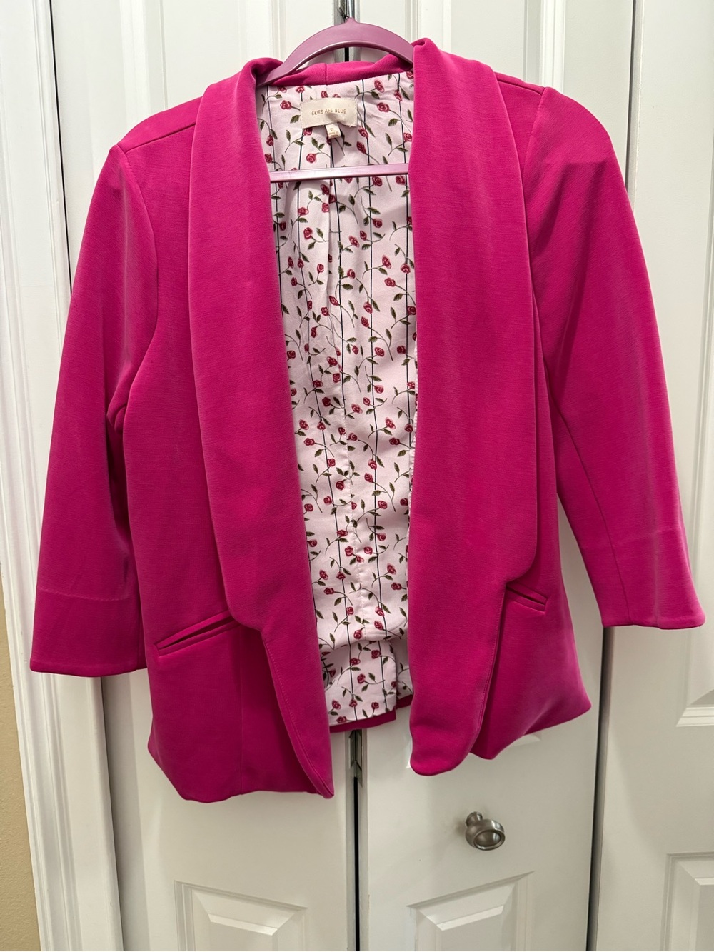 Skies are Blue Vibrant Pink Open-Front Blazer with Floral Lining - non-wrinkle!